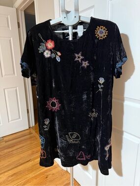 Black Velvet Embroidered Shift Dress
